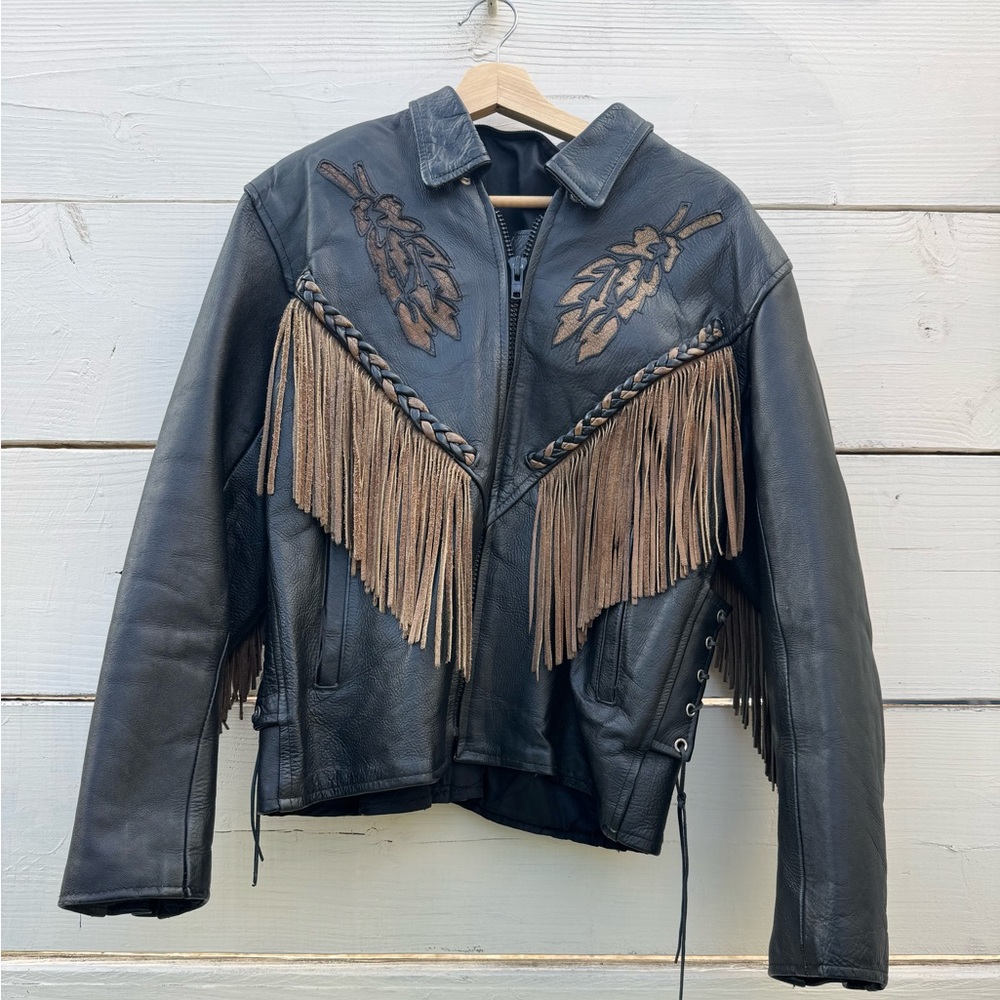 VINTAGE Exquisite Black & Tan Leather Suede Fringe Jacket Pockets Bomber HOG